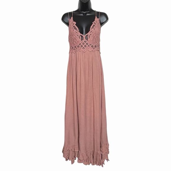 FREE PEOPLE ONE ADELLA MAXI SUN DRESS BOHO ROMANTIC WESTERN DUSTY ROSE LACE M - Picture 1 of 5